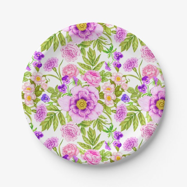 Purple Lavender Pink Flower Pattern Paper Plates (Front)