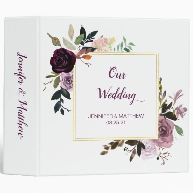 Purple Lavender Pink Gold Floral Wedding Album 3 Ring Binder (Front/Spine)