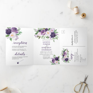 Purple, Lavender, Pink Roses Wedding | Tri-Fold Invitation