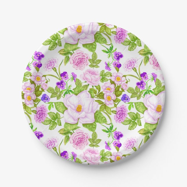 Purple Lavender Pink Roses Wildflowers Pattern Paper Plates (Front)