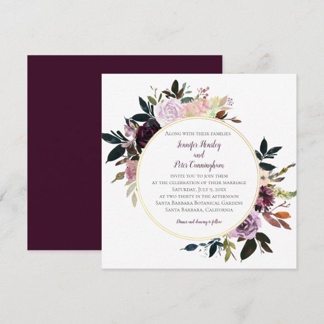 Purple Lavender Pink White Gold Circle Wedding Invitation (Front/Back)