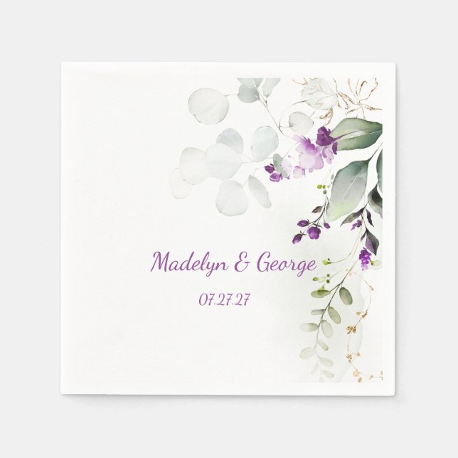 Purple Lavender Plant & Light Green Floral Wedding Napkins (Front)
