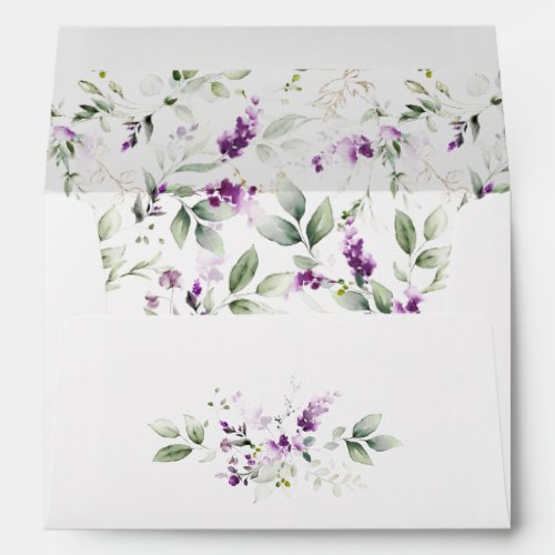 Purple Lavender Plant  Pale Green Floral Wedding Envelope
