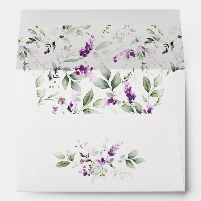 Purple Lavender Plant & Pale Green Floral Wedding Envelope (Back (Bottom))
