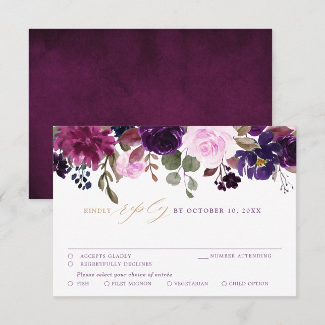 Purple Lavender Plum Floral Boho Wedding RSVP Card (Front/Back)