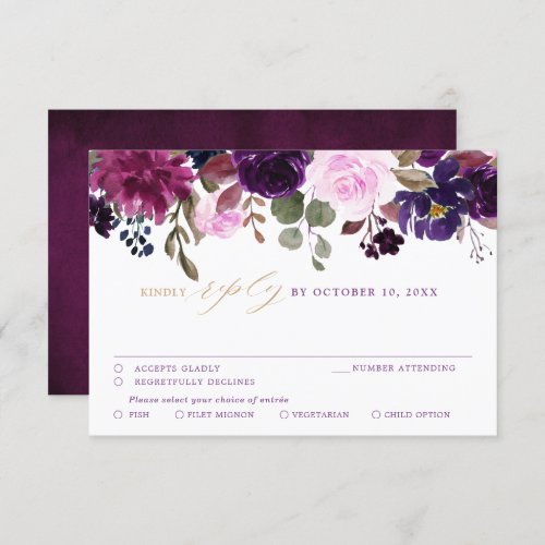 Purple Lavender Plum Floral Boho Wedding RSVP Card
