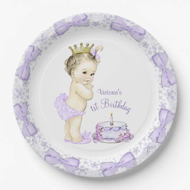 Purple Lavender Princess 1st Birthday Party Paper Plates (Front)