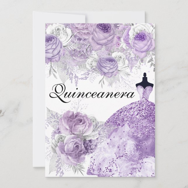 Purple Lavender Rose Dress Quinceanera Invite (Front)