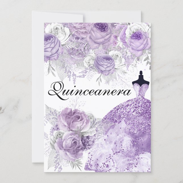 Purple Lavender Rose Dress Quinceanera Invite (Front)