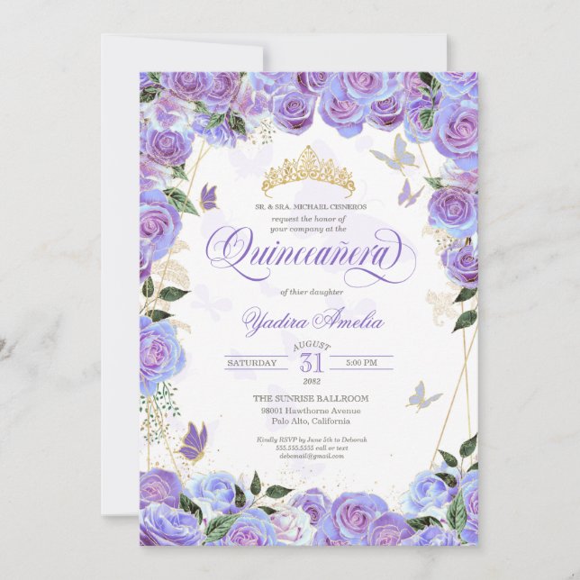 Purple Lavender Rose Elegant Butterfly Quinceanera Invitation (Front)
