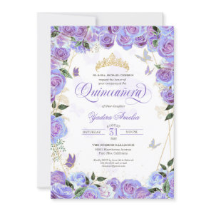 Purple Lavender Rose Elegant Butterfly Quinceanera Invitation