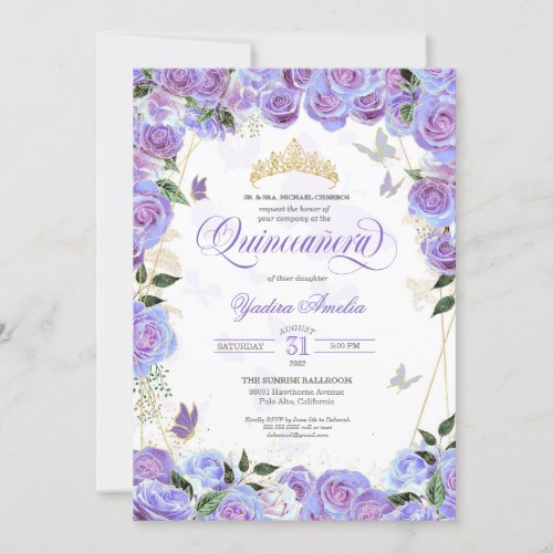 Purple Lavender Rose Elegant Butterfly Quinceanera Invitation