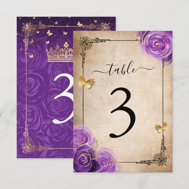 Purple Lavender Rose Gold Table Number Cards (Front/Back)