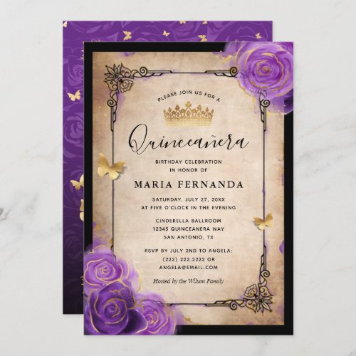 Purple Lavender Rose Gold Watercolor Quinceanera Invitation