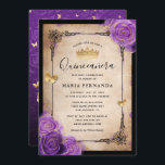 Purple Lavender Rose Gold Watercolor Quinceanera Invitation<br><div class="desc">Beautiful purple lavender rose gold watercolor quinceanera invitations that you can effortlessly personalize for a sweet 15 birthday party. The elegant design features gold glitter butterfly confetti and purple watercolor roses hand illustrated by Raphaela Wilson. The ornate mystic gown/dresses border adds highlight and sparkle to the old vintage parchment paper...</div>