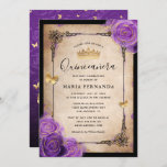 Purple Lavender Rose Gold Watercolor Quinceanera Invitation<br><div class="desc">Beautiful purple lavender rose gold watercolor quinceanera invitations that you can effortlessly personalize for a sweet 15 birthday party. The elegant design features gold glitter butterfly confetti and purple watercolor roses hand illustrated by Raphaela Wilson. The ornate mystic gown/dresses border adds highlight and sparkle to the old vintage parchment paper...</div>