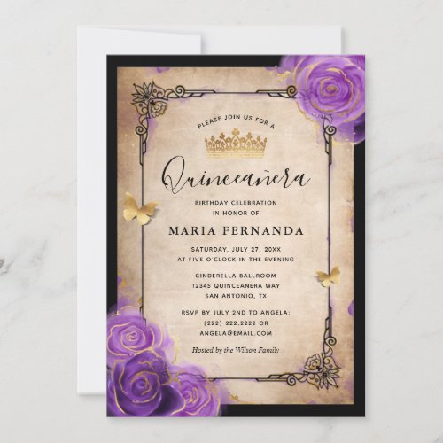 Purple Lavender Rose Gold Watercolor Quinceanera Invitation