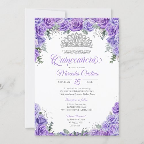 Purple Lavender Rose  Silver Tiara Quinceanera Invitation