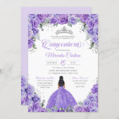 Purple Lavender Rose Silver Tiara Quinceanera Invitation (Front/Back)