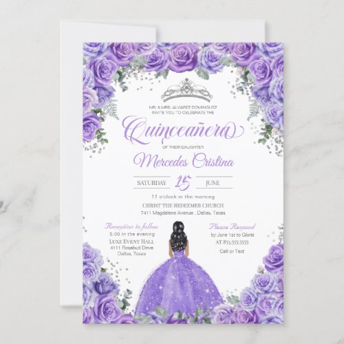 Purple Lavender Rose Silver Tiara Quinceanera Invitation