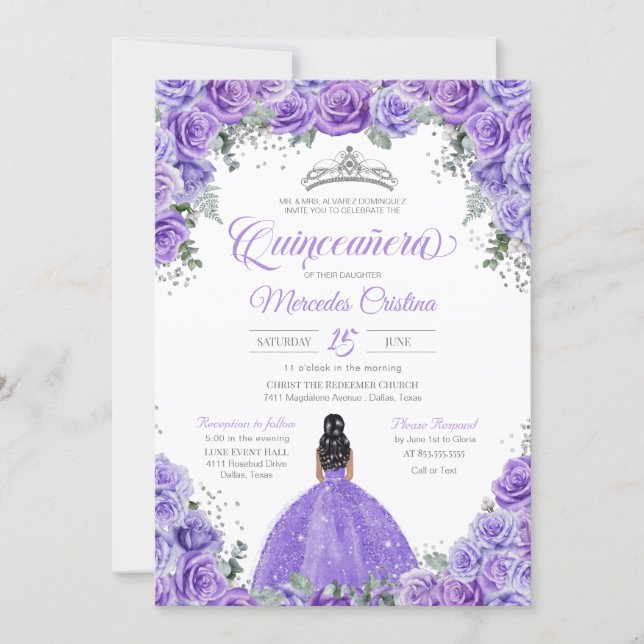 Purple Lavender Rose Silver Tiara Quinceanera Invitation (Front)
