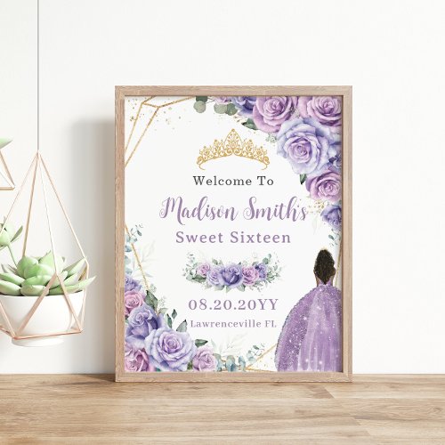 Purple Lavender Roses Brown Princess Birthday Gold Poster