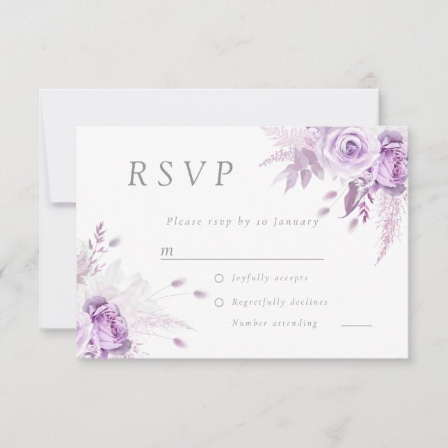 Purple Lavender Roses Elegant Wedding RSVP Card (Front)