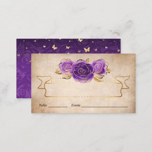 Purple Lavender Roses Gold Crown Elegant Escort Place Card