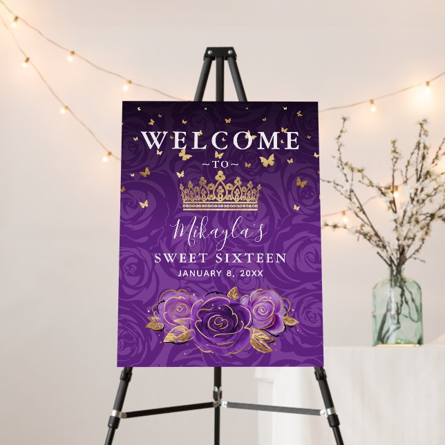 Purple Lavender Roses Gold Crown Welcome Party Foam Board (In Situ (Stand))