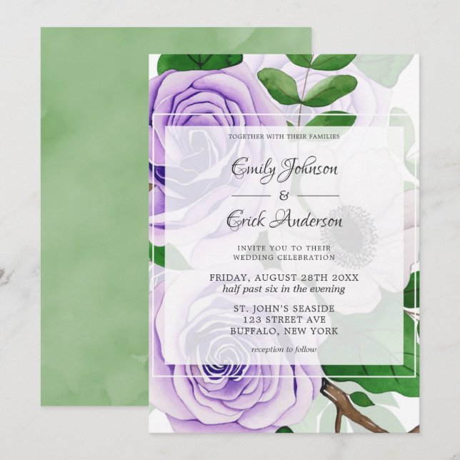 Purple Lavender Roses Green Watercolor Wedding Invitation (Front/Back)