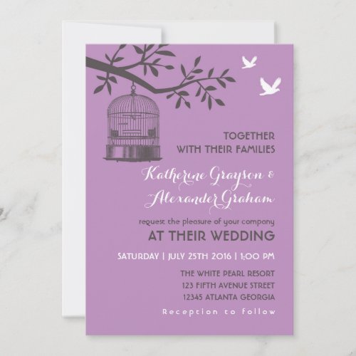 Purple Lavender Rustic Bird Cage Invitation