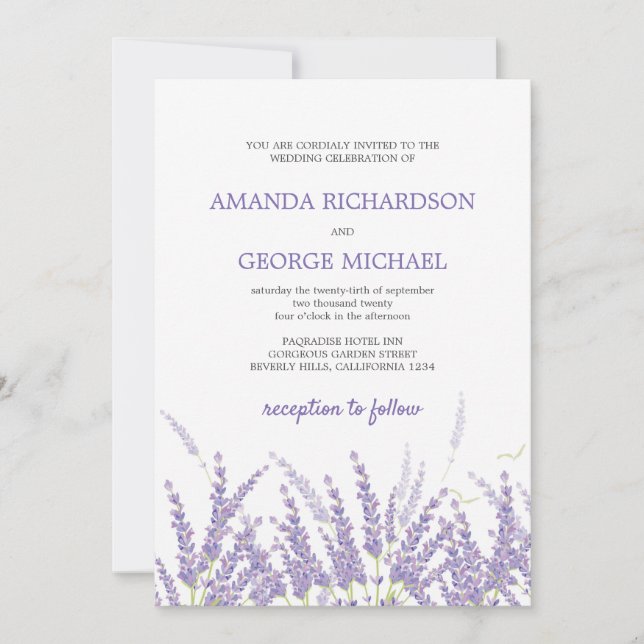 Purple lavender rustic rural modern floral wedding invitation (Front)