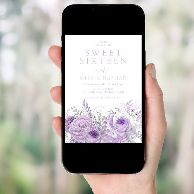Purple Lavender Shimmer Floral Sweet 16 Party Invitation (Front Digital)