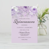 Purple Lavender Silver Flowers Quinceanera Party Invitation (Standing Front)