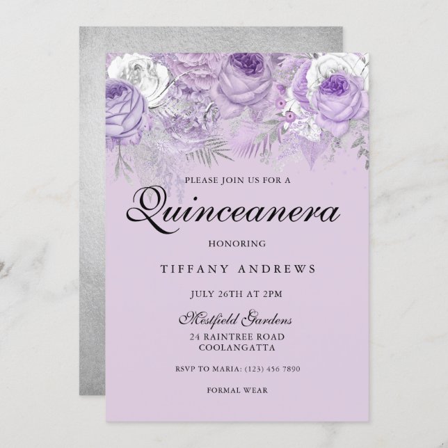 Purple Lavender Silver Flowers Quinceanera Party Invitation (Front/Back)