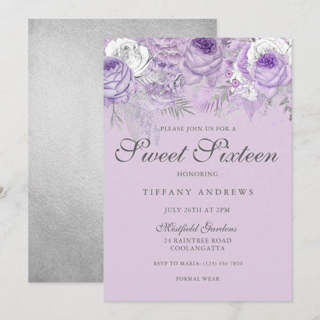 Purple Lavender Silver Flowers Sweet 16 Invite (Front/Back)