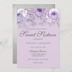 Purple Lavender Silver Flowers Sweet 16 Invite