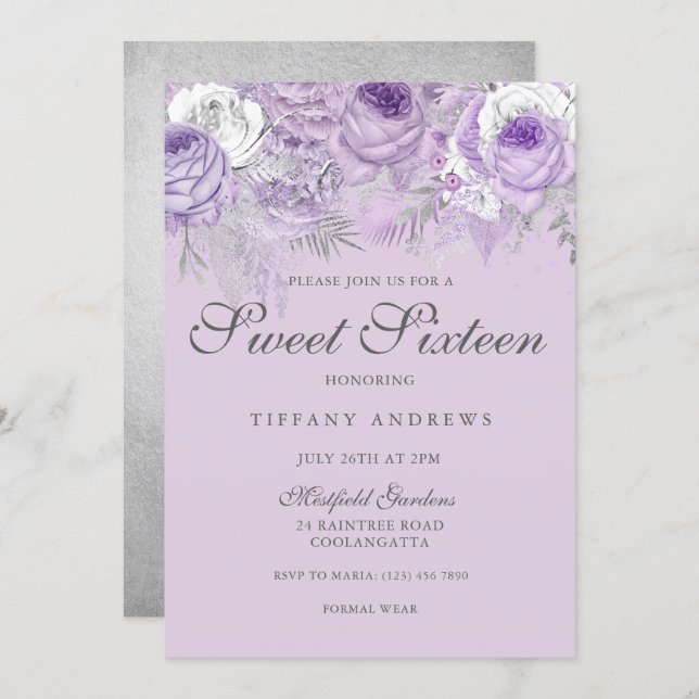 Purple Lavender Silver Flowers Sweet 16 Invite (Front/Back)