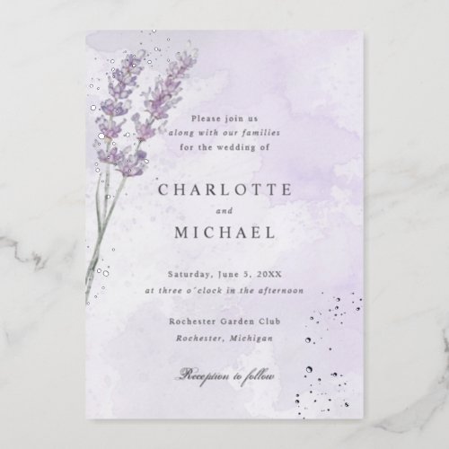 Purple lavender silver foil wedding foil invitation