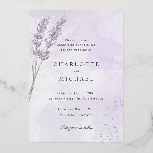 Purple lavender silver foil wedding invitation