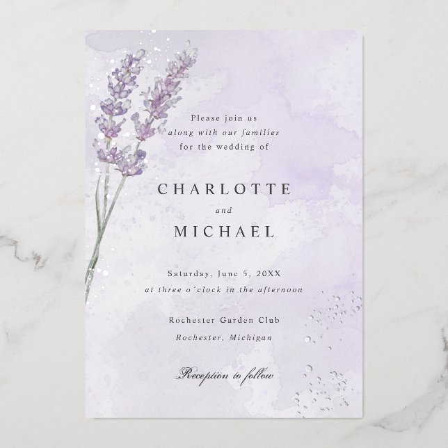 Purple lavender silver foil wedding invitation (Front)