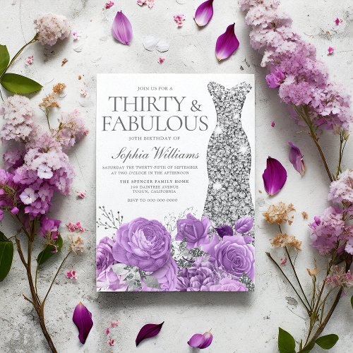 Purple Lavender  Silver Gown 30th Birthday Party Invitation