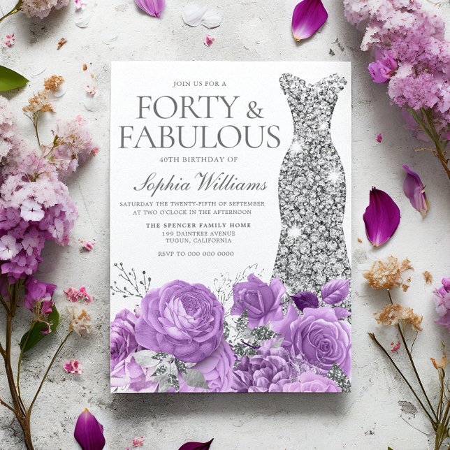 Purple Lavender & Silver Gown 40th Birthday Party Invitation (Creator Uploaded)