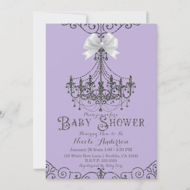 Purple Lavender & Silver White Bow Baby Shower Invitation (Front)