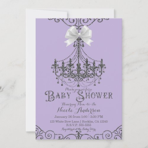 Purple Lavender  Silver White Bow Baby Shower Invitation