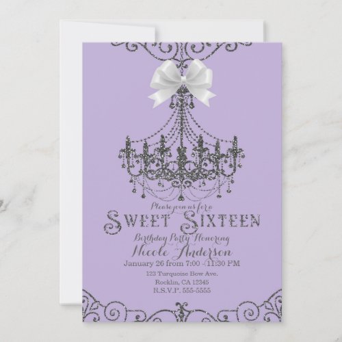 Purple Lavender Silver White Bow Sweet 16 Sixteen Invitation