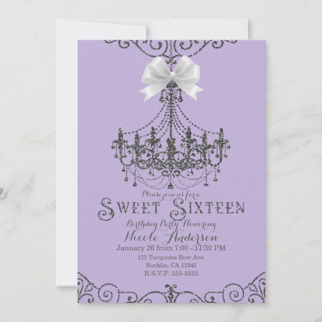 Purple Lavender Silver White Bow Sweet 16 Sixteen Invitation (Front)