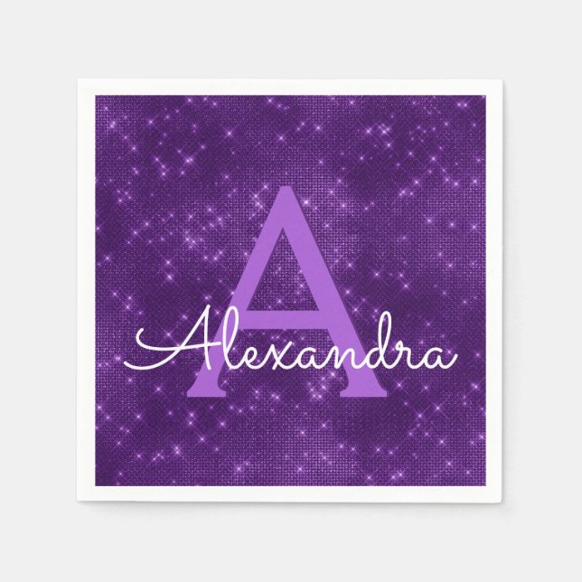Purple Lavender Sparkle Monogram Initial Birthday Napkins (Front)