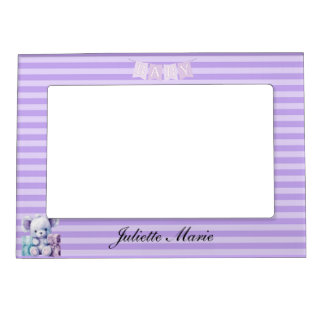 PURPLE LAVENDER STRIPED PATTERN WITH TEDDY BEAR MAGNETIC FRAME