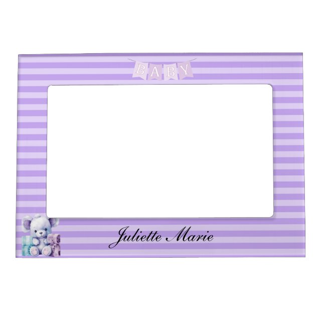 PURPLE LAVENDER STRIPED PATTERN WITH TEDDY BEAR MAGNETIC FRAME (Front)